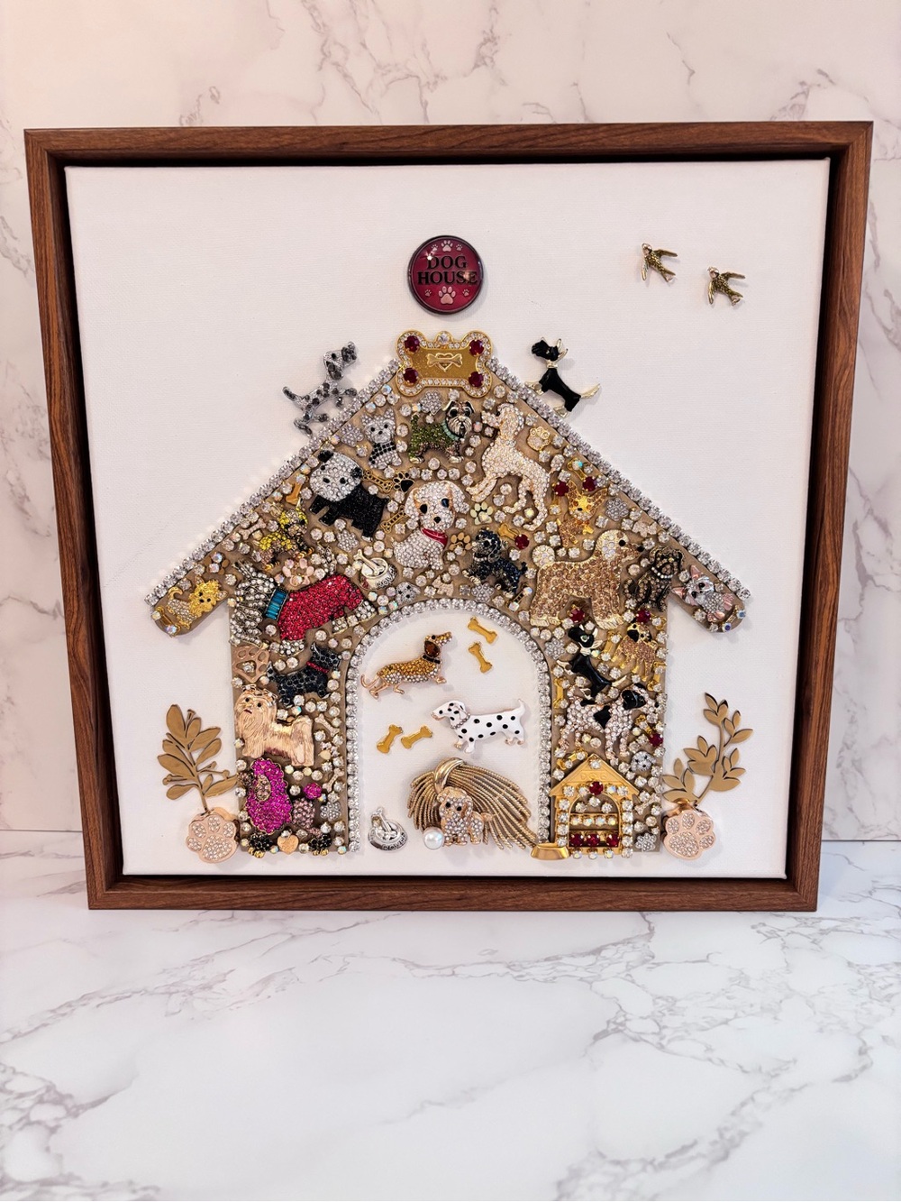 Vintage Jewelry Dog House Mosaic, 12x12 Canvas, Crown Trifari Brooch Art